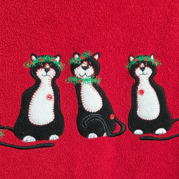 Vtg C.D. Sport Fleece Embroidered Christmas Cat With Mouse Sweatshirt Woman Sz L - Picture 3 of 13